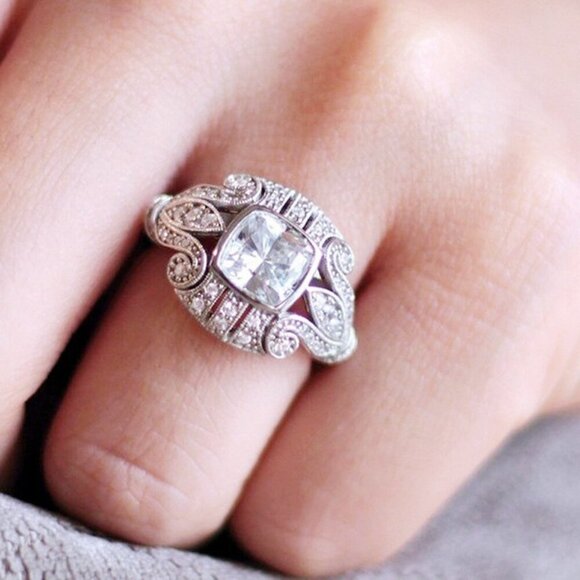 Dainty Square Beautiful Flower Carved Vintage Silver Ring for Women, VIP018/1 - Picture 4 of 4